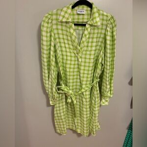 Neon green and white gingham plaid dress collared